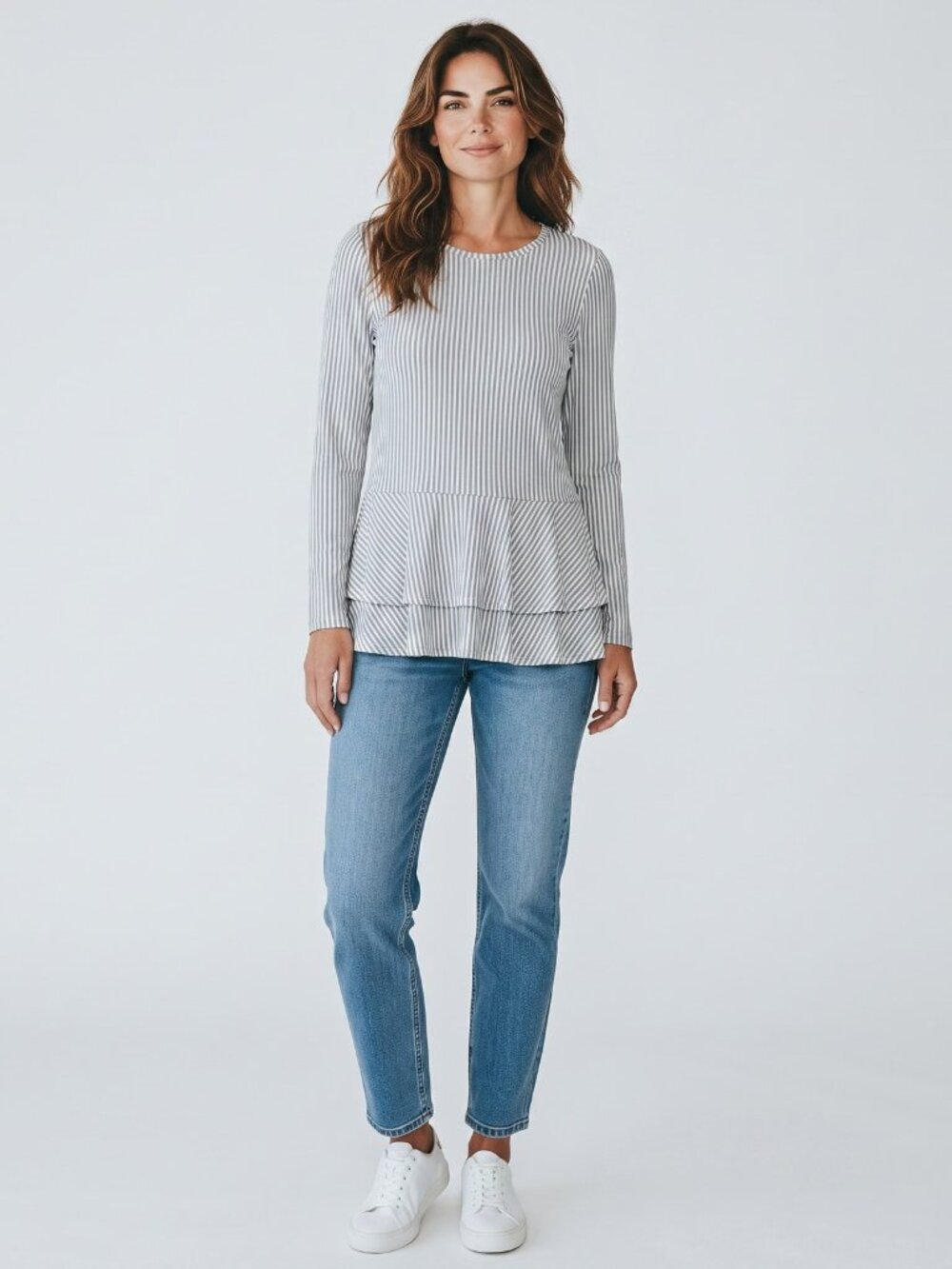 Michael Kors Grey White Pinstripe Long Sleeve Peplum Knit Top